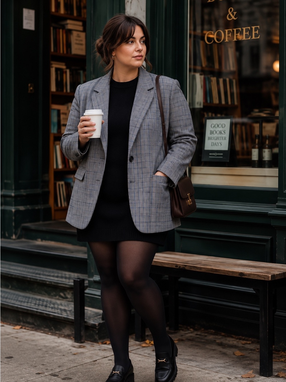 Steve Madden Oversized Plaid Blazer Grey Blue Windowpane Relaxed Fit Workwear